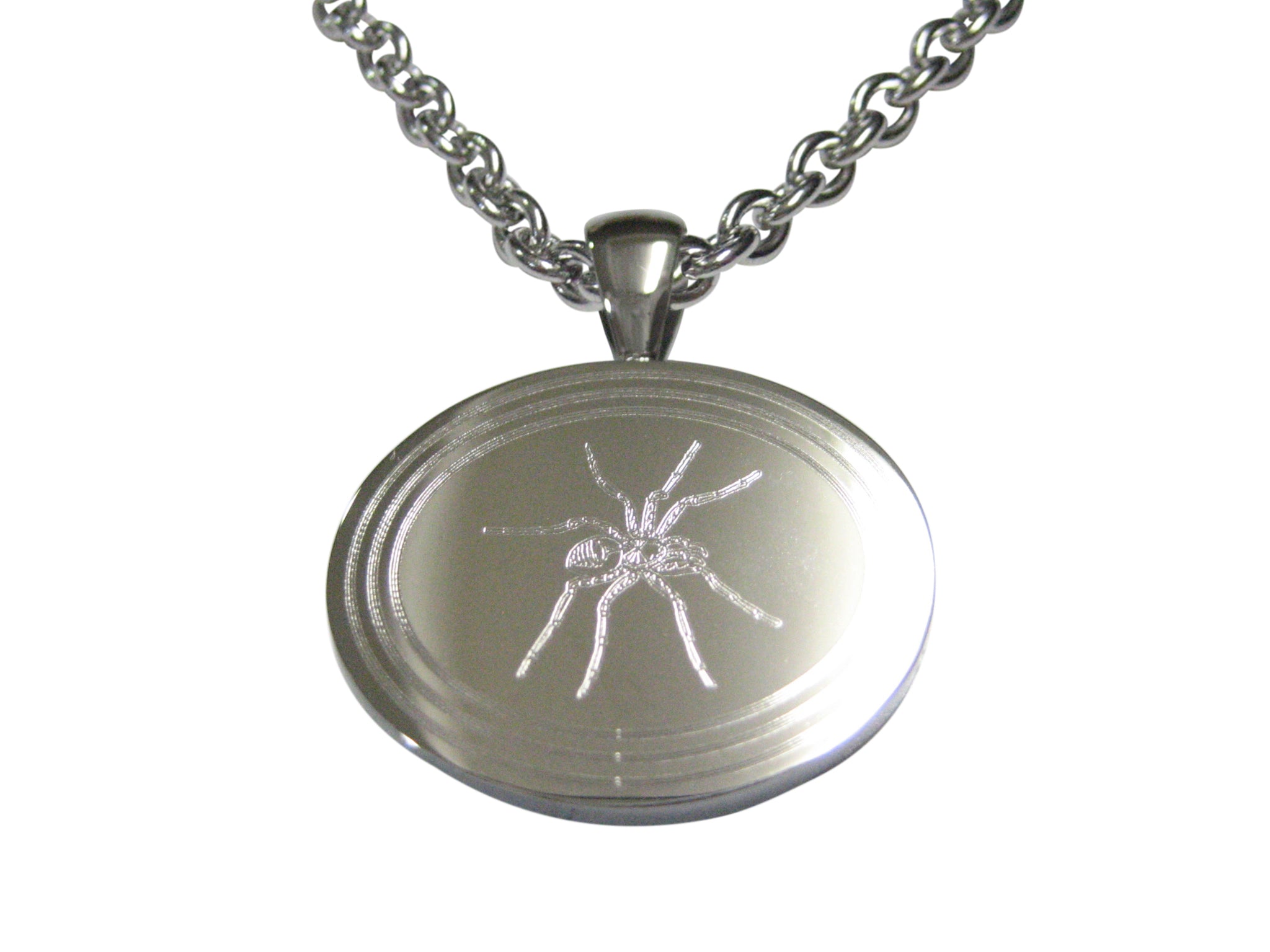 Silver Toned Etched Oval Side Facing Spider Pendant Necklace