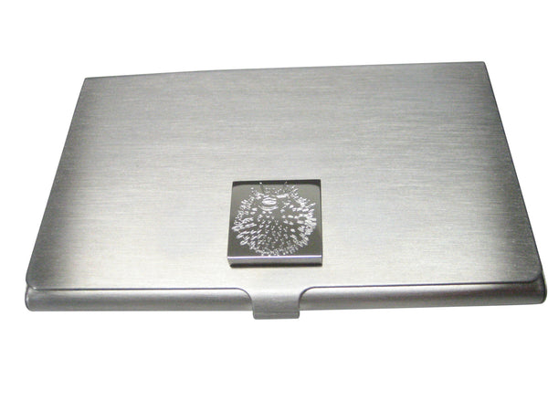 Silver Toned Square Etched Spikey Puffer Fish Fugu Blowfish Business Card Holder