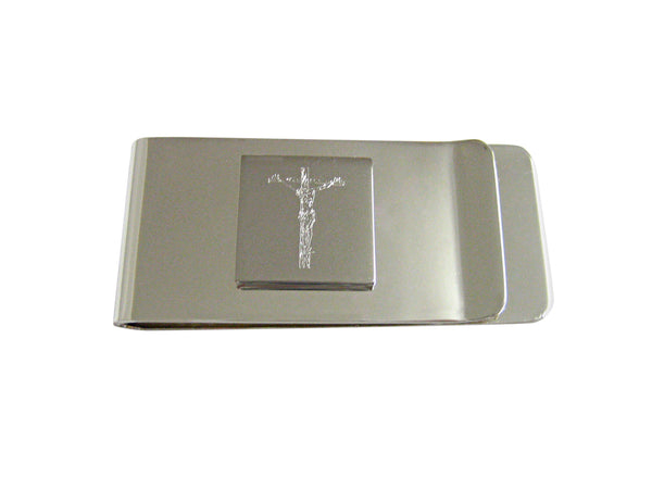 Silver Toned Etched Religious Crucifix Cross Money Clip
