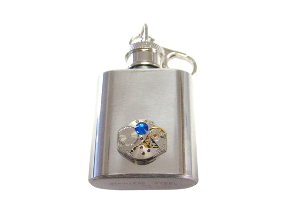 1 Oz. Stainless Steel Key Chain Flask with Steampunk Watch Gear Pendant and Blue Swarovski Crystal