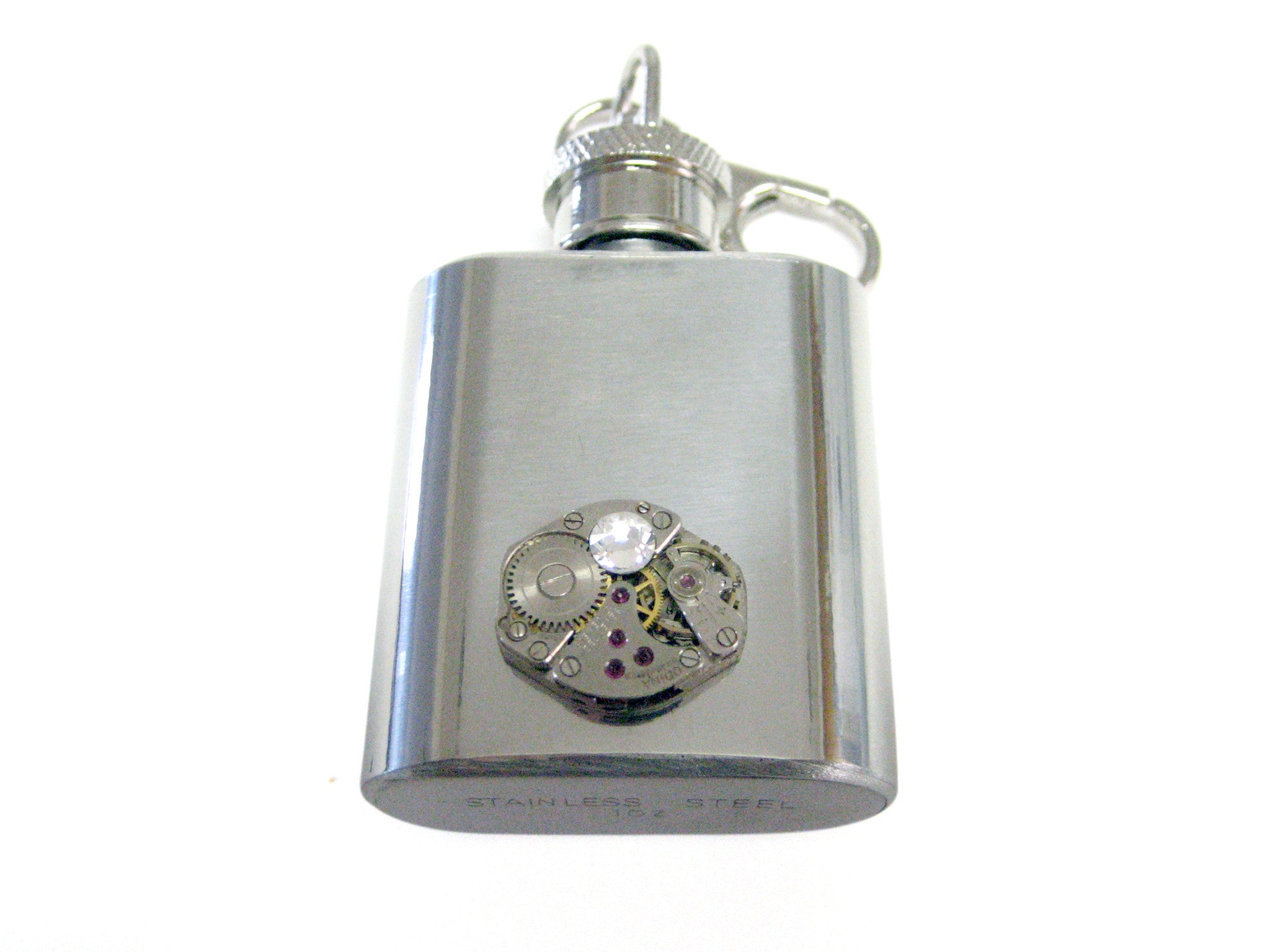 1 Oz. Stainless Steel Key Chain Flask with Steampunk Watch Gear Pendant and Clear Swarovski Crystal