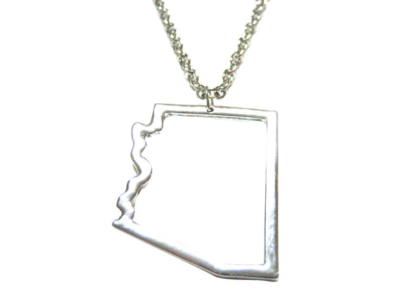 Silver Toned Arizona State Map Outline Pendant Necklace
