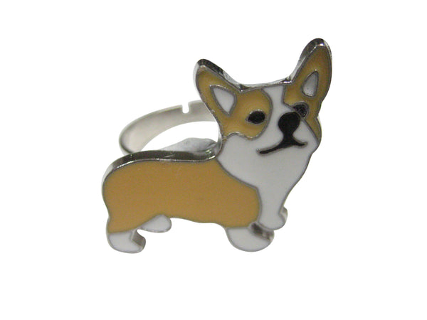 Beige and White Toned Corgi Dog Adjustable Size Fashion Ring