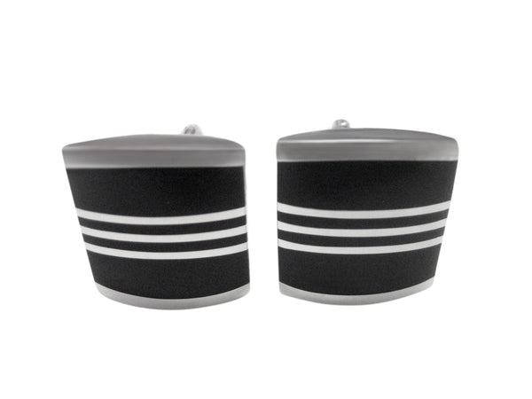 Black Curved Cufflinks with White Stripes