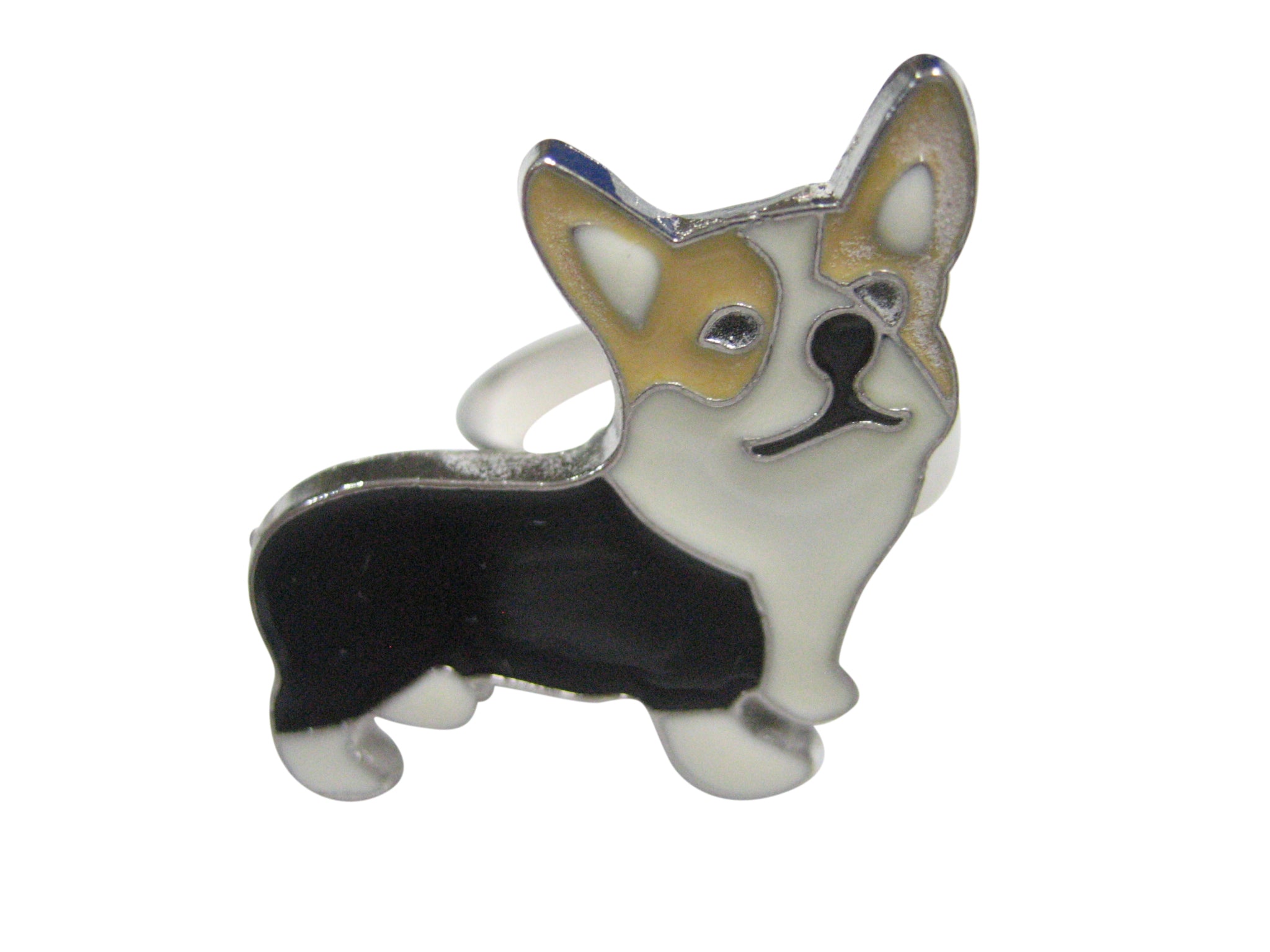 Black and Beige Toned Corgi Dog Adjustable Size Fashion Ring