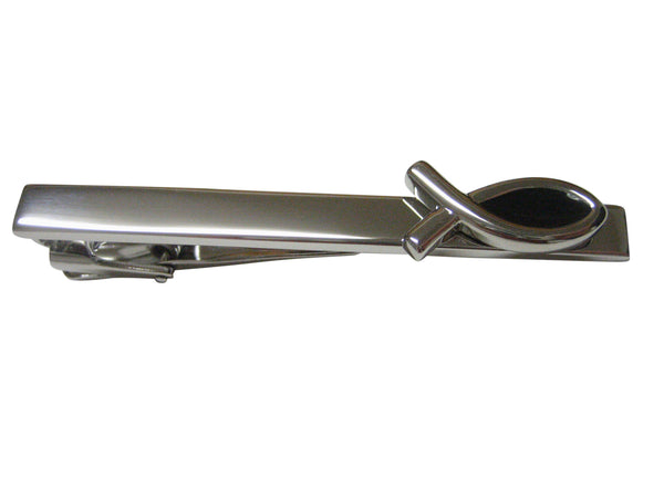Black and Silver Toned Simple Religious Ichthys Fish Square Tie Clip