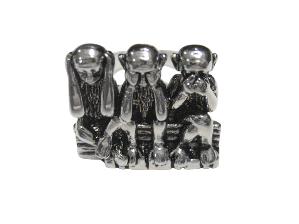 Black and Silver Toned 3 Wise Monkeys Adjustable Size Fashion Ring