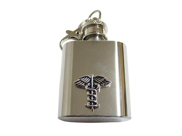 Black and Silver Toned Caduceus Medical Symbol 1 Oz. Stainless Steel Key Chain Flask