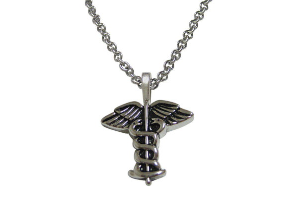 Black and Silver Toned Caduceus Medical Symbol Pendant Necklace