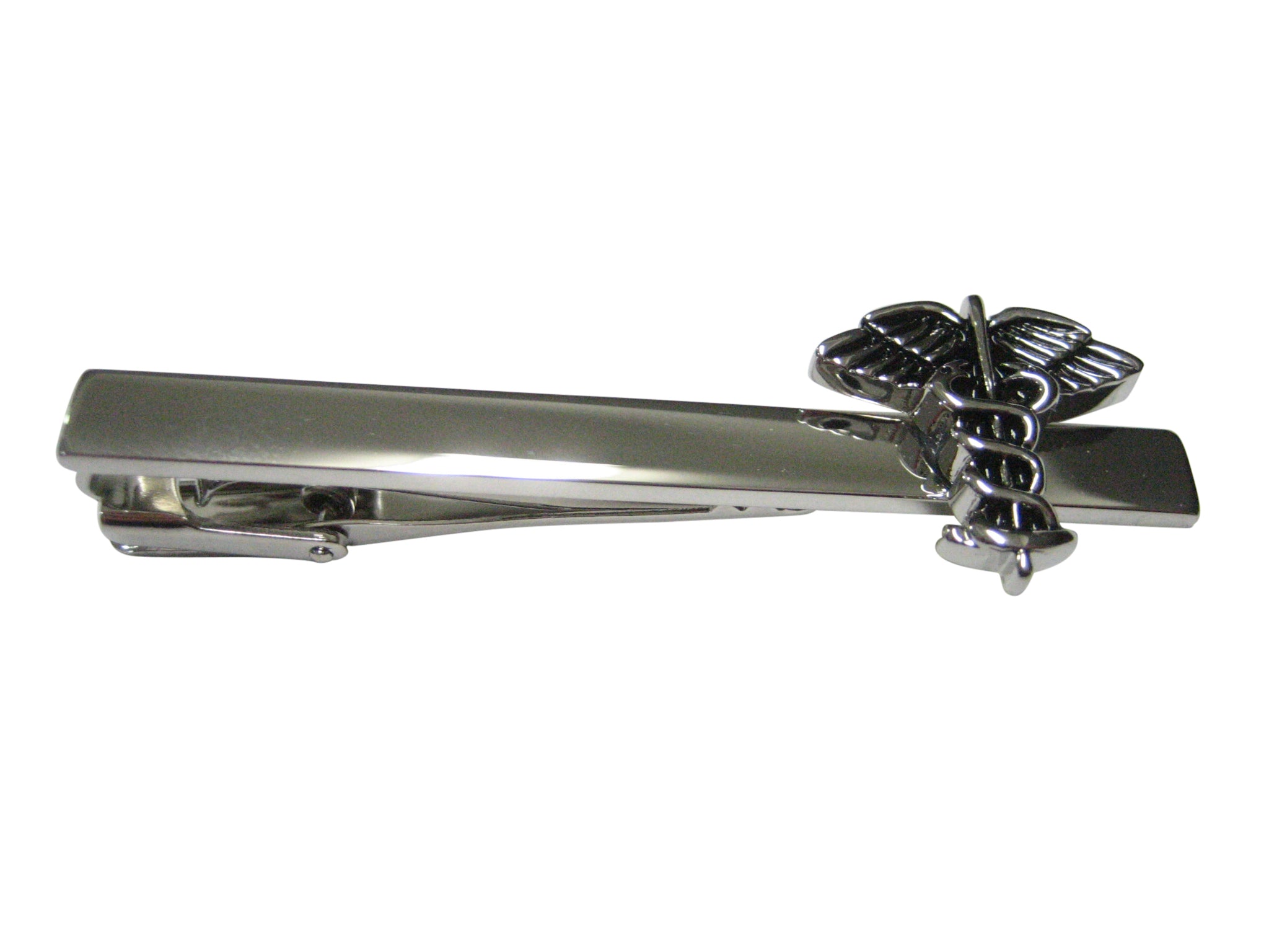 Black and Silver Toned Caduceus Medical Symbol Square Tie Clip