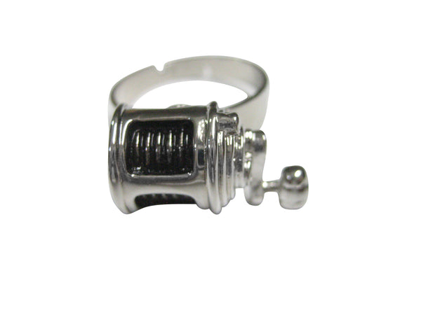 Black and Silver Toned Fishing Reel Adjustable Size Fashion Ring