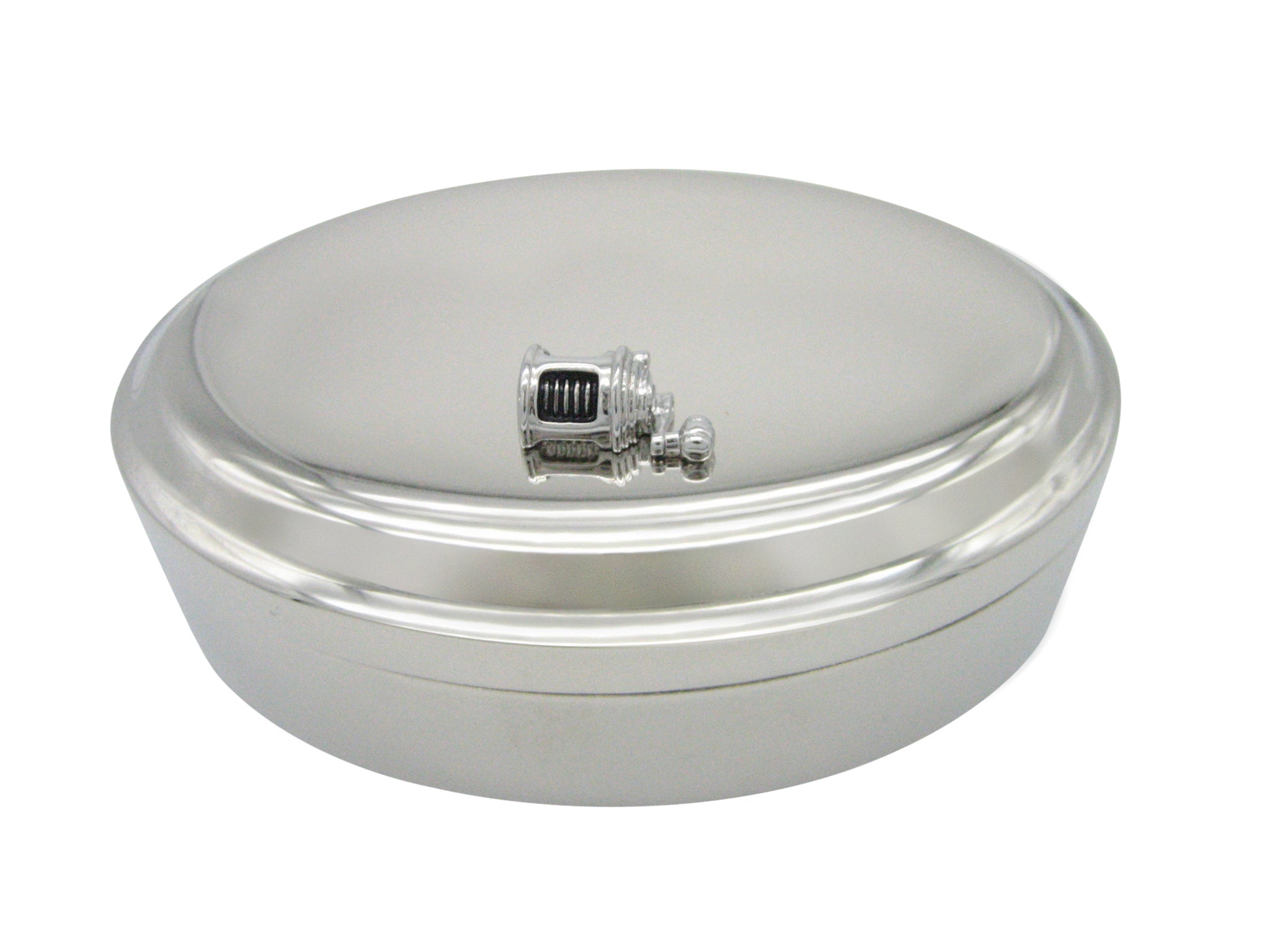Black and Silver Toned Fishing Reel Fisherman Oval Trinket Jewelry Box