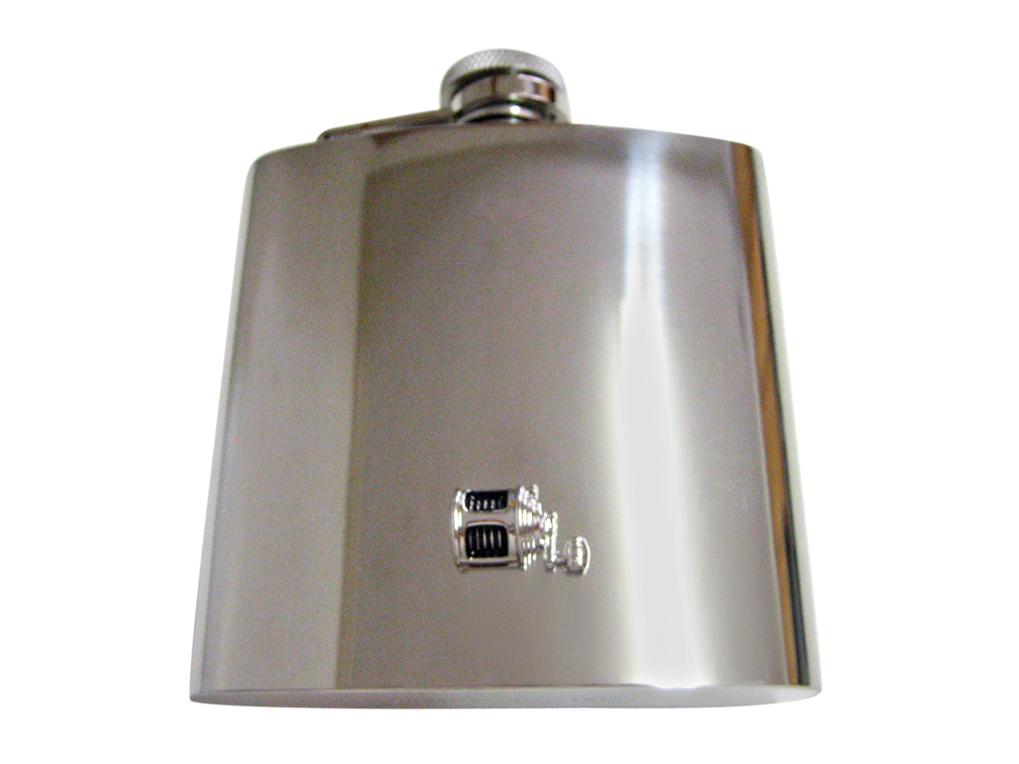 Black and Silver Toned Fishing Reel 6 Oz. Stainless Steel Flask