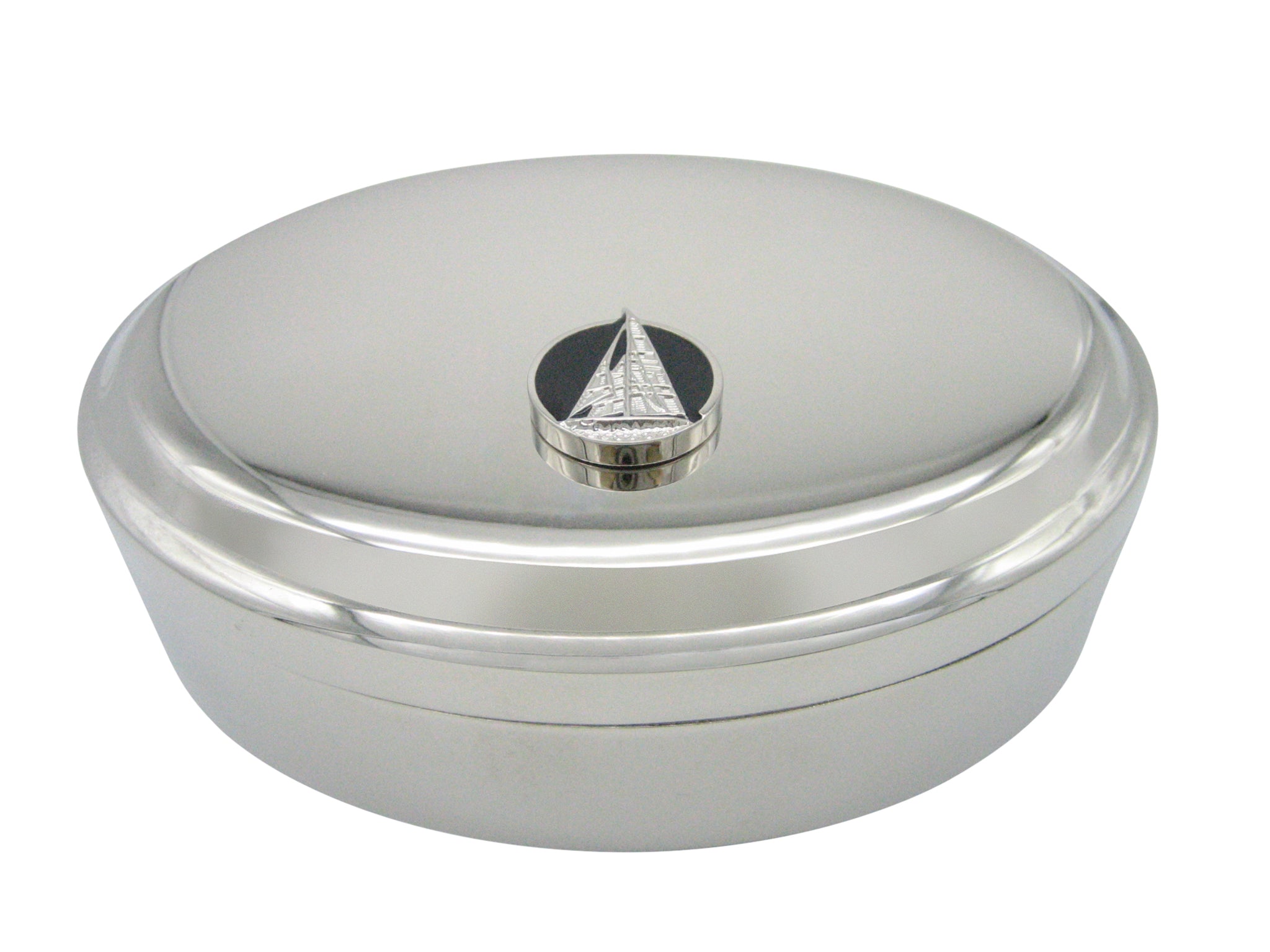 Black and Silver Toned Nautical Sail Boat Pendant Oval Trinket Jewelry Box