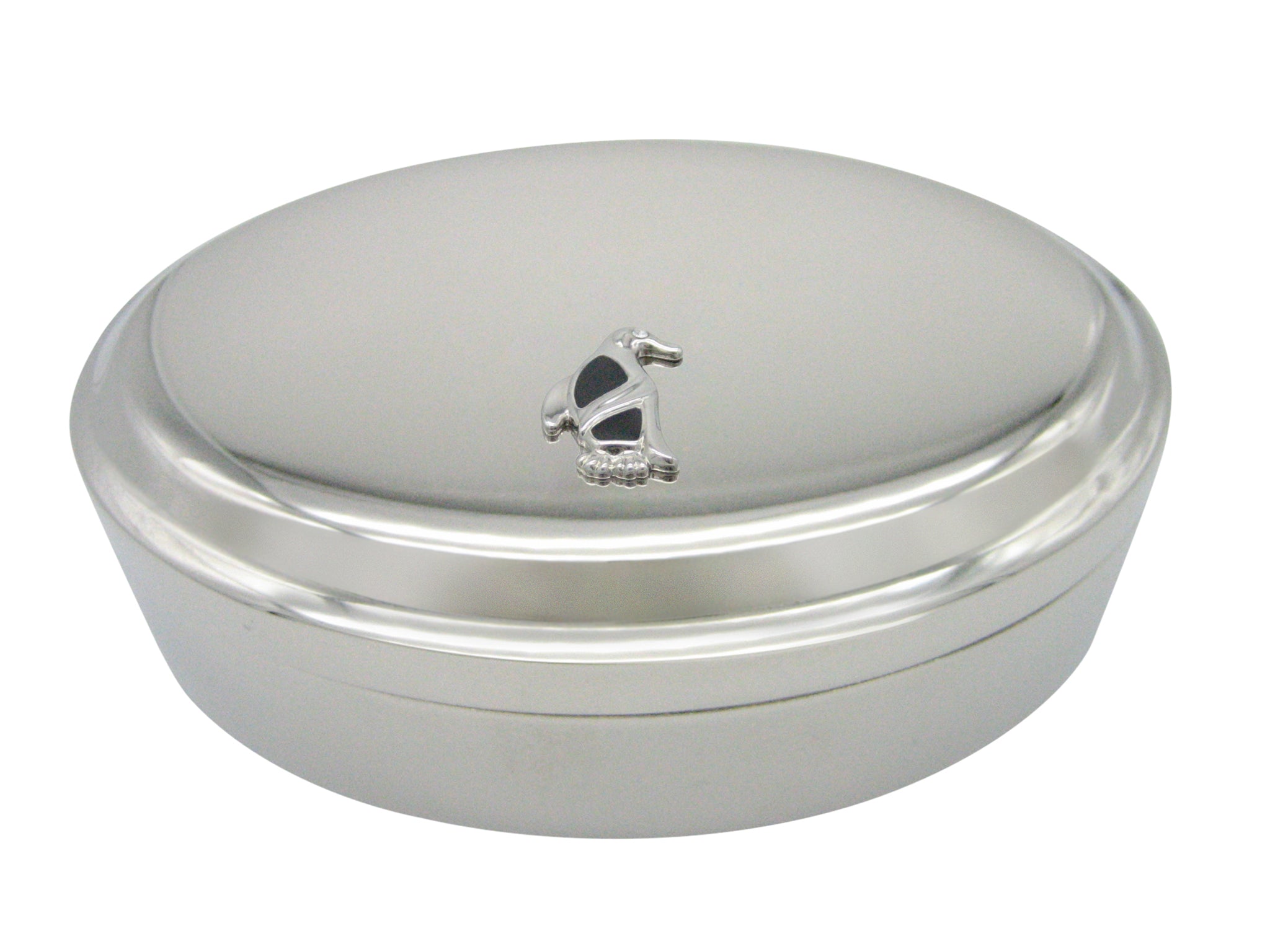 Black and Silver Toned Penguin Bird Pendant Oval Trinket Jewelry Box