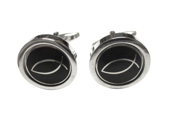 Black and Silver Toned Religious Ichthys Cufflinks