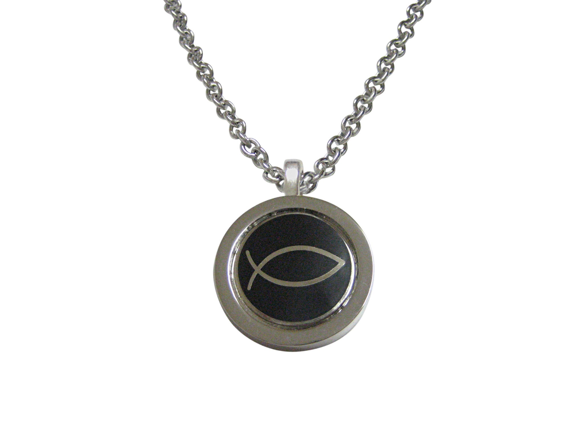 Black and Silver Toned Religious Ichthys Fish Pendant Necklace