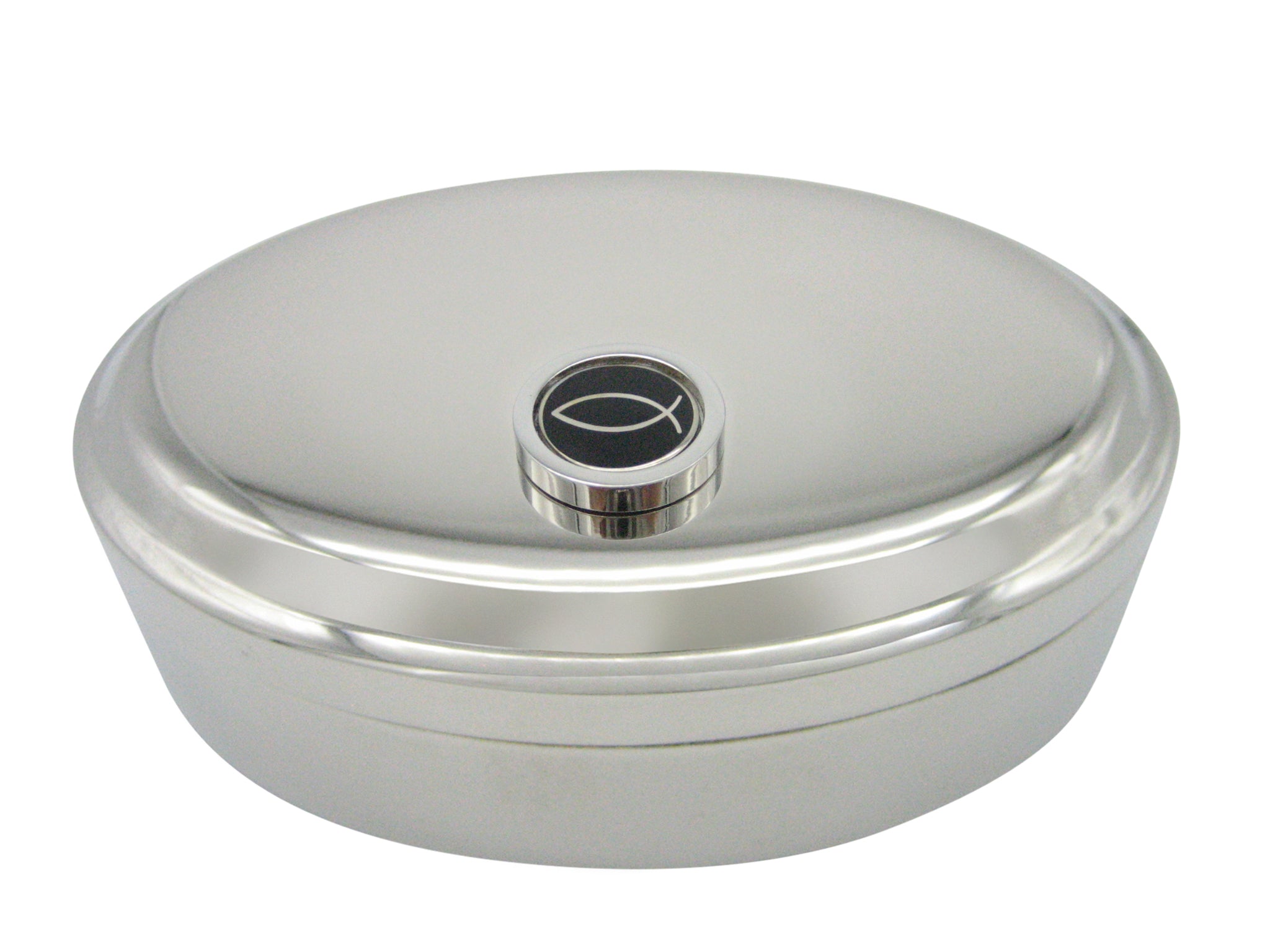 Black and Silver Toned Religious Ichthys Fish Pendant Oval Trinket Jewelry Box