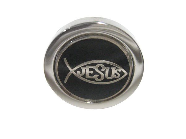 Black and Silver Toned Religious Ichthys Jesus Fish Adjustable Size Fashion Ring