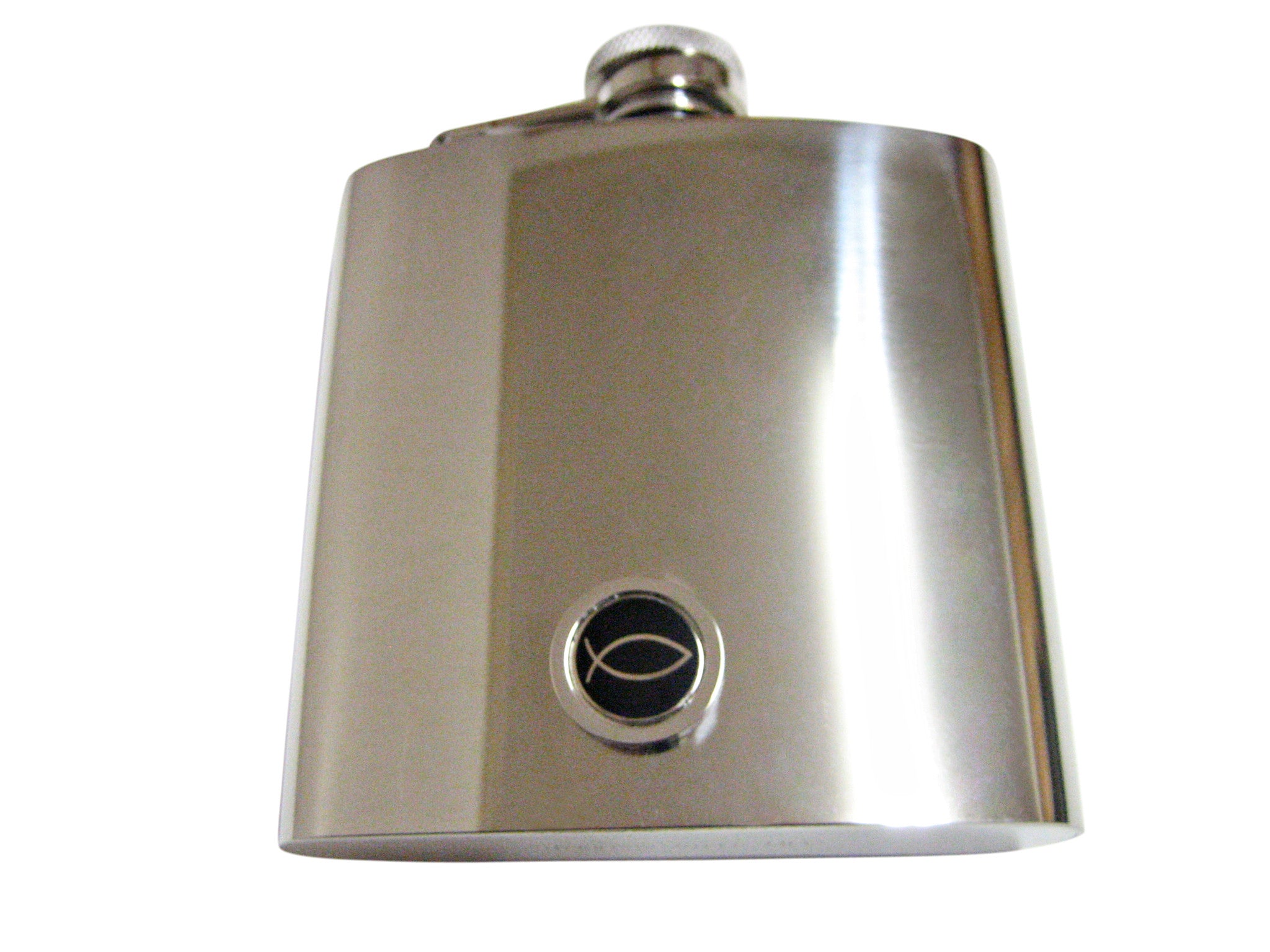 Black and Silver Toned Religious Ichthys Fish 6 Oz. Stainless Steel Flask