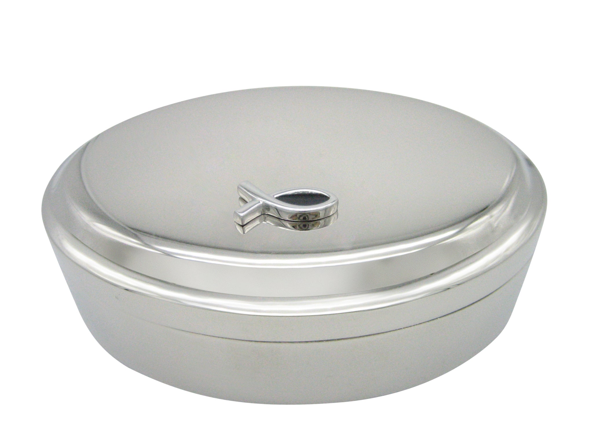 Black and Silver Toned Religious Ichthys Pendant Oval Trinket Jewelry Box