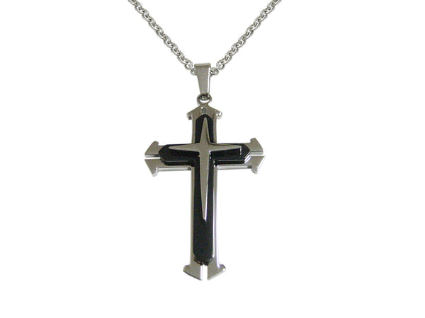 Black and Silver Toned Spikey Religious Cross Pendant Necklace