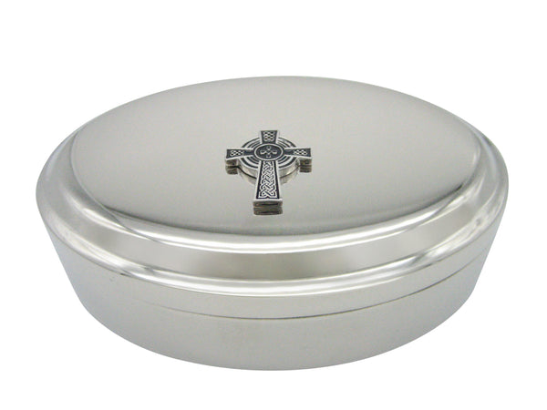 Black and Silver Toned Textured Cross Pendant Oval Trinket Jewelry Box