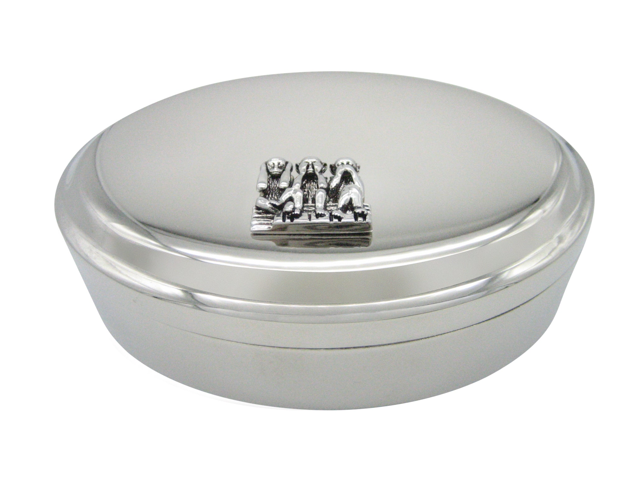 Black and Silver Toned Three Wise Monkeys Pendant Oval Trinket Jewelry Box