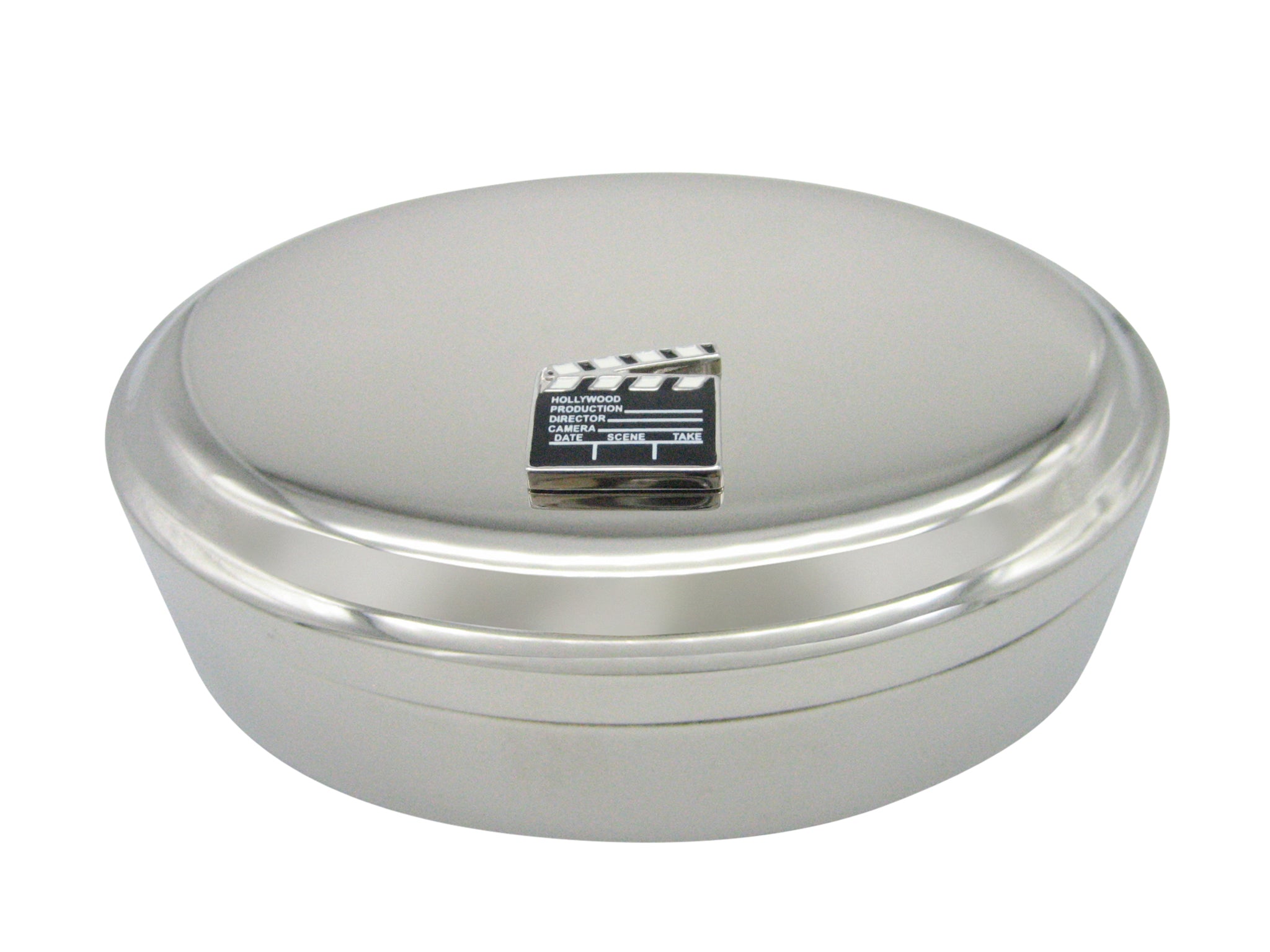 Black and White Film Clapper Board Pendant Oval Trinket Jewelry Box