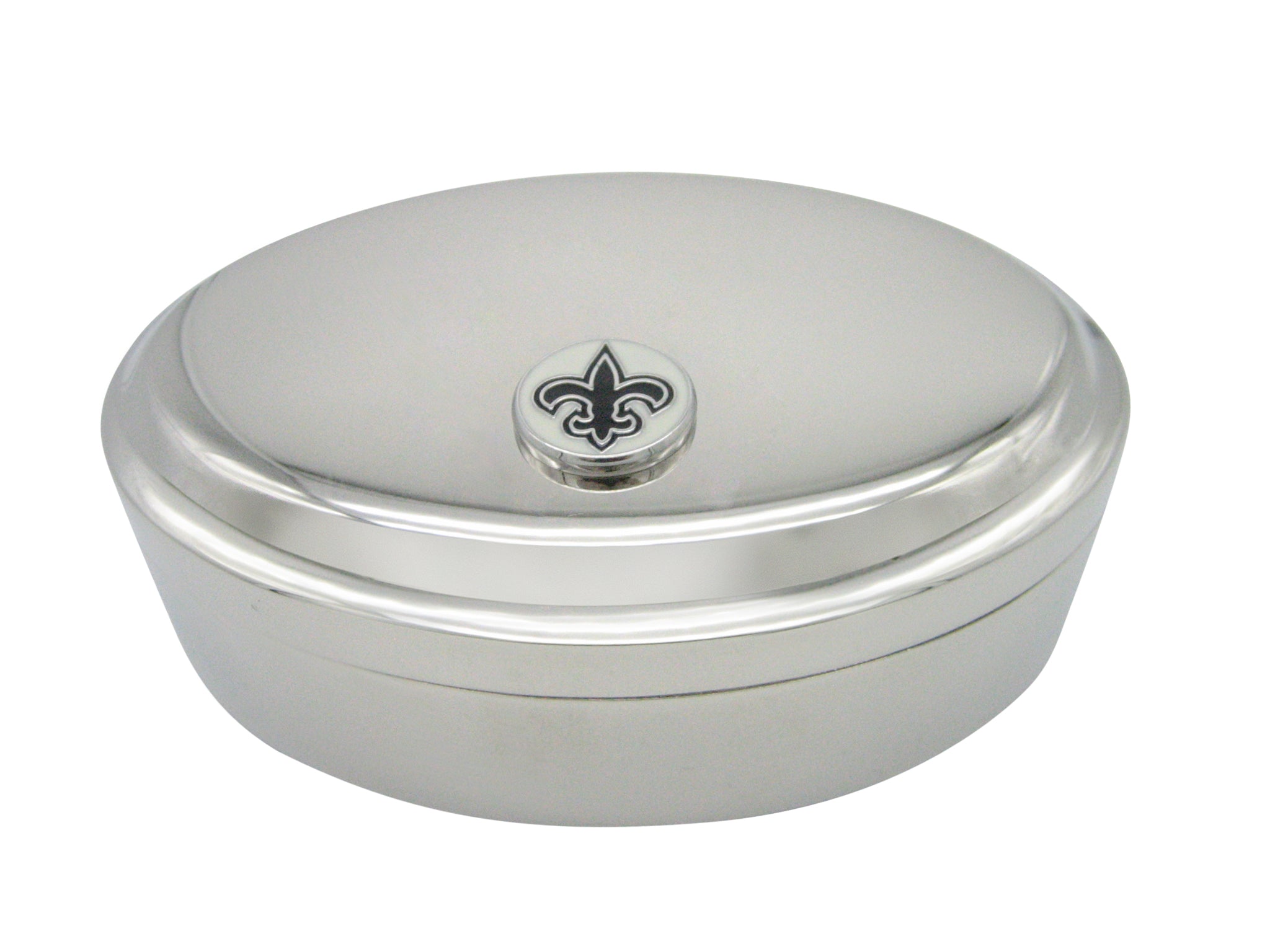 Black and White Toned Fleur de Lys Pendant Oval Trinket Jewelry Box
