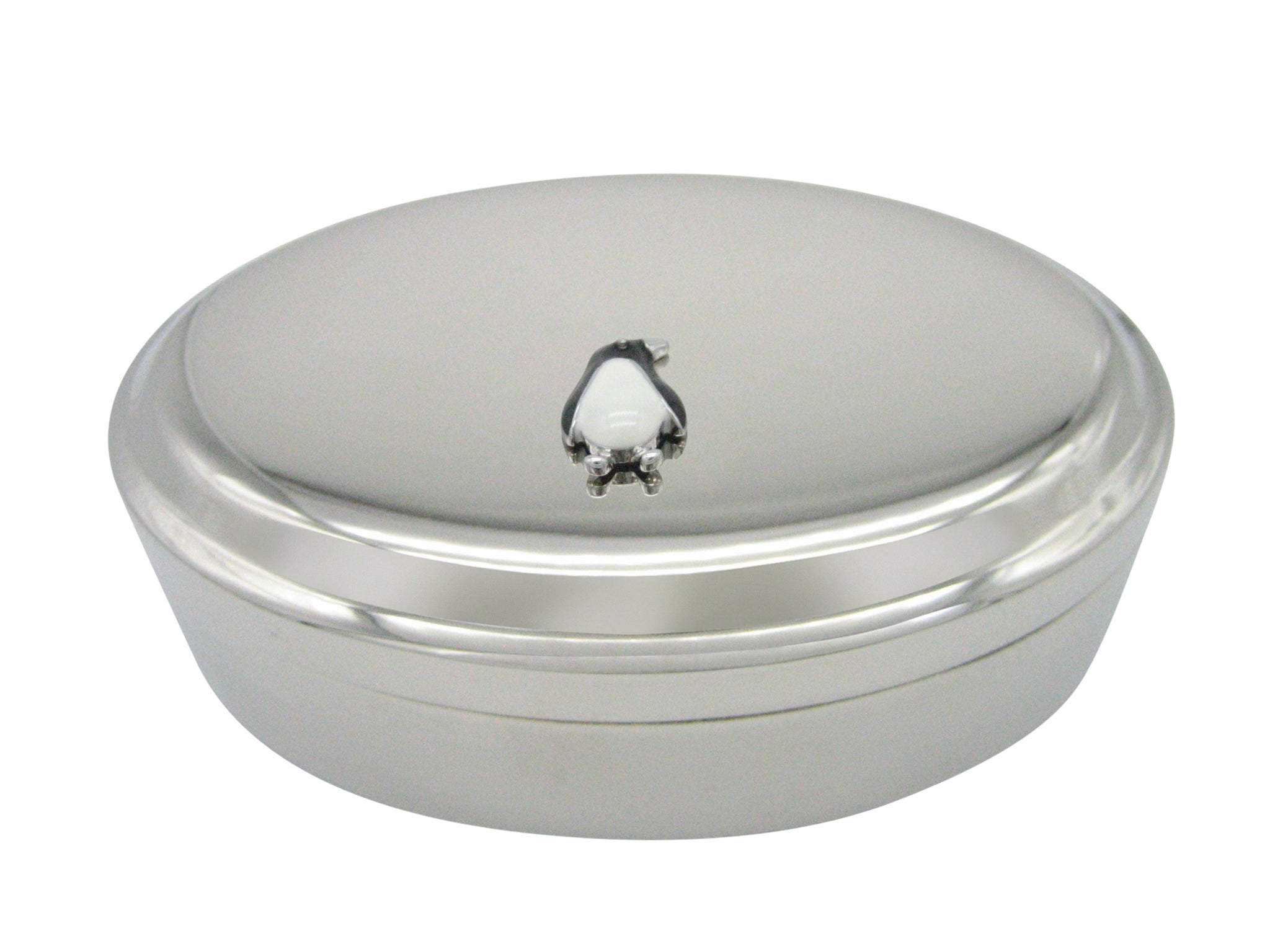 Black and White Toned Penguin Bird Pendant Oval Trinket Jewelry Box