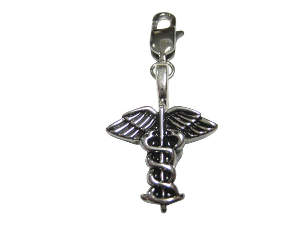 Black and Silver Toned Medical Caduceus Pendant Zipper Pull Charm