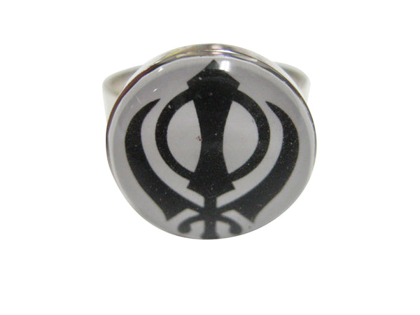Black and White Toned Khanda Sikh Adjustable Size Fashion Ring