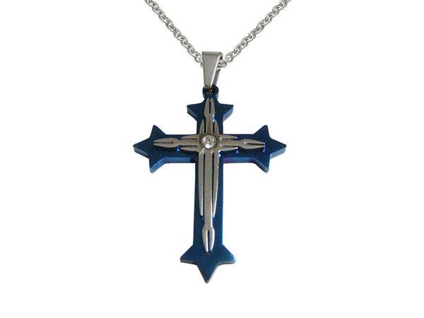 Blue and Silver Toned Religious Cross Pendant Necklace