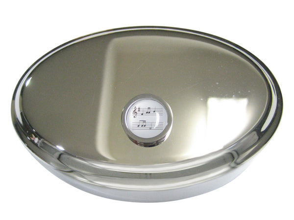 Bordered White Toned Circular Music Sheet Oval Trinket Jewelry Box
