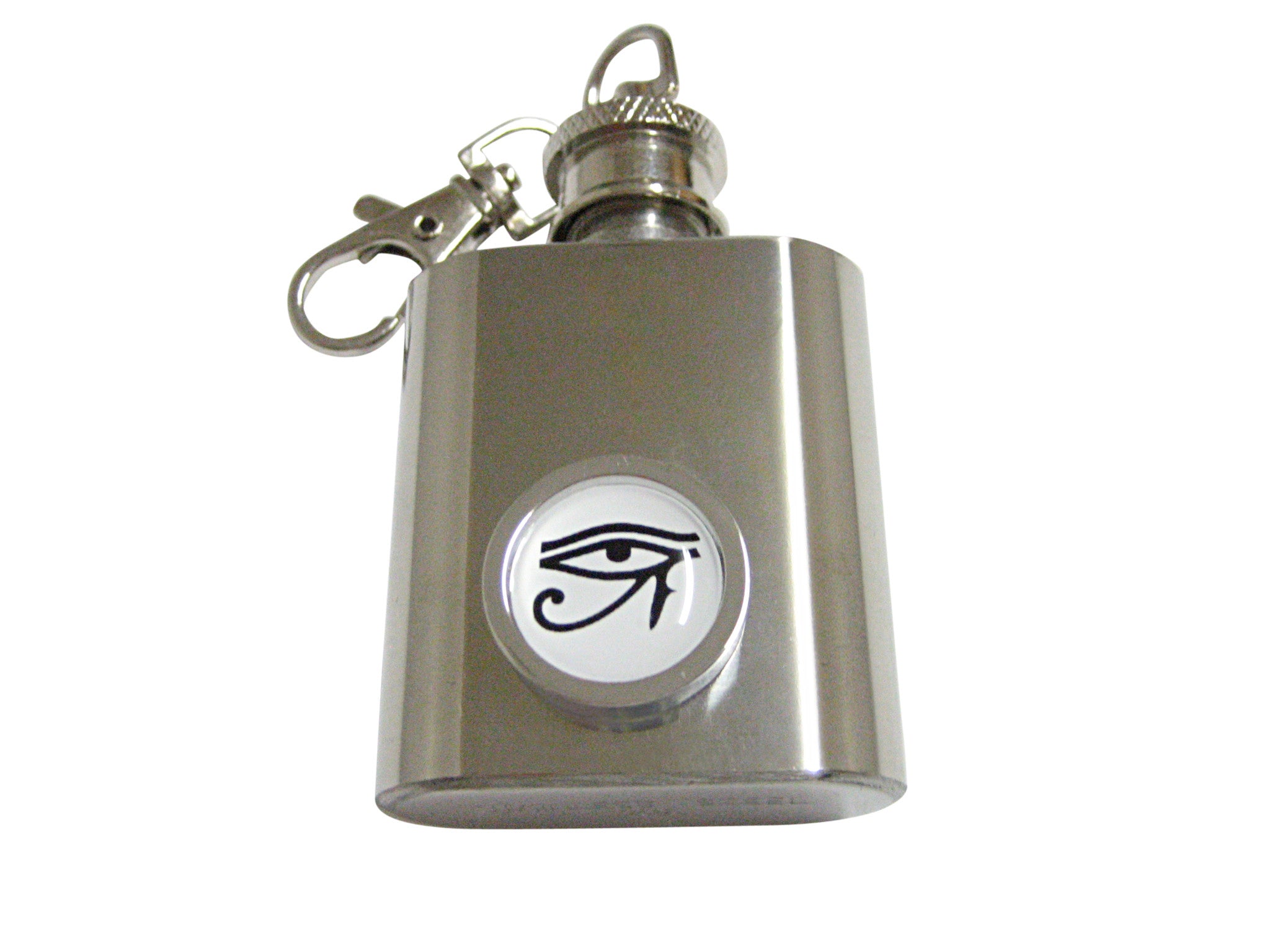 Bordered Circular Eye of Horus 1 Oz. Stainless Steel Key Chain Flask