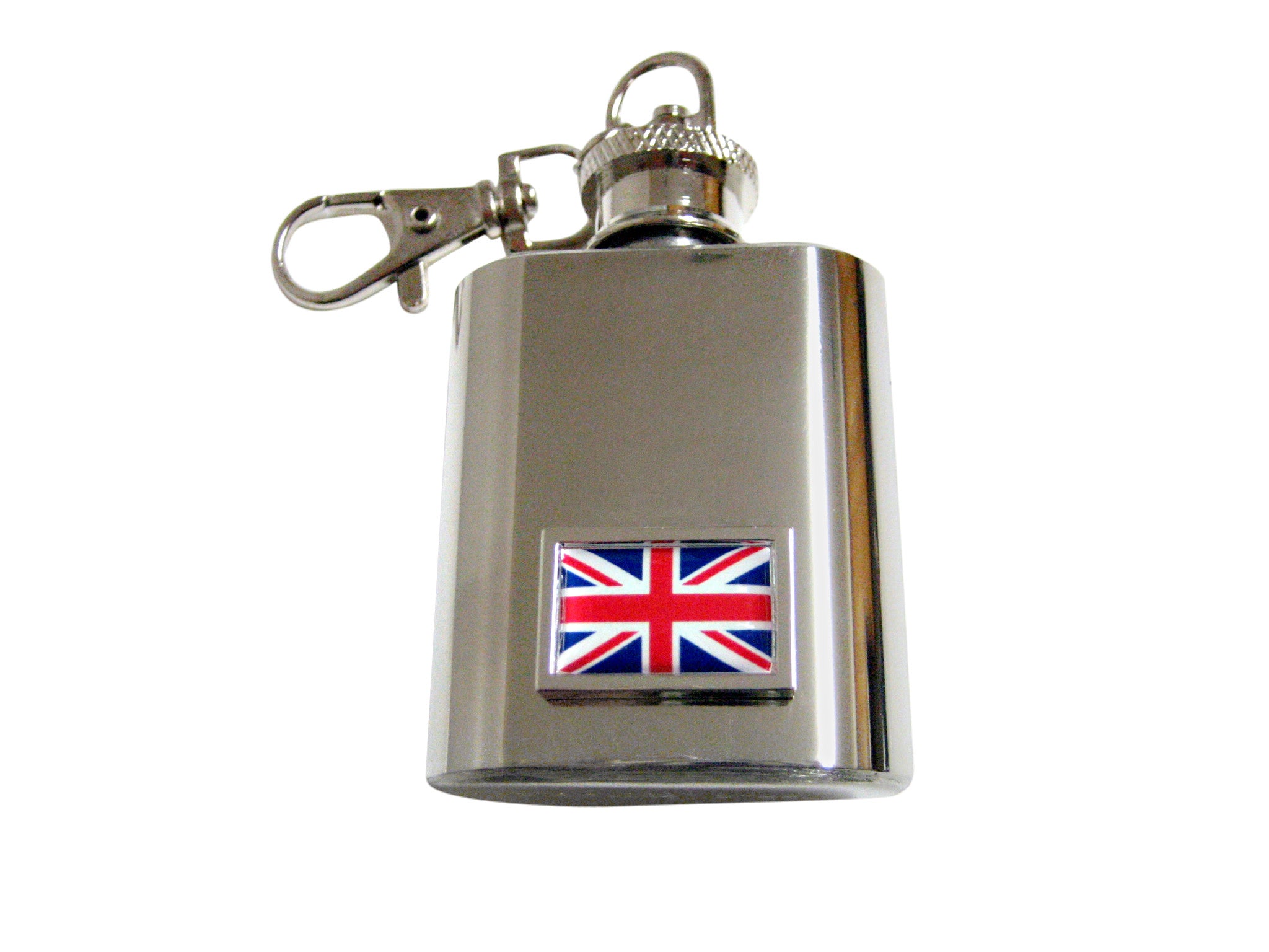 Bordered United Kingdom Union Jack Flag Pendant 1 Oz. Stainless Steel Key Chain Flask