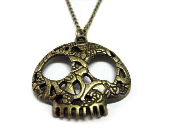 Brass Toned Skull Charm Necklace