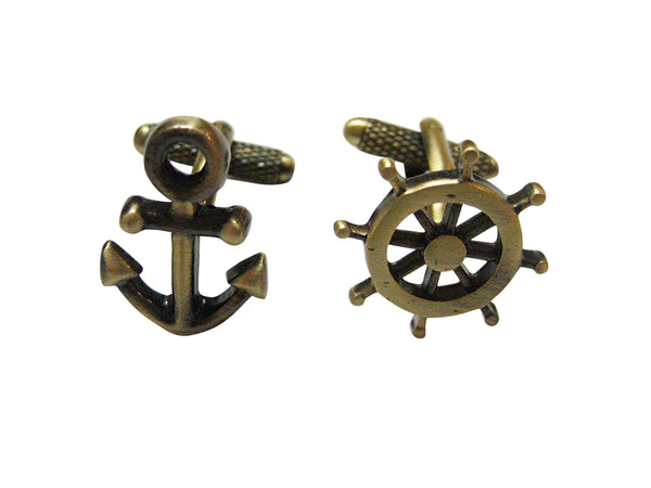 Brass Toned Nautical Anchor and Ship Steering Wheel Helm Cufflinks