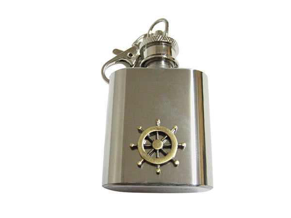 Brass Toned Nautical Ship Steering Helm Keychain Flask
