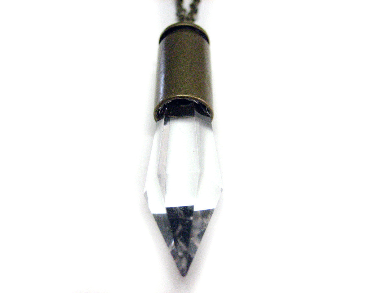 Brass Bullet Casing Style Crystal Pendant Necklace