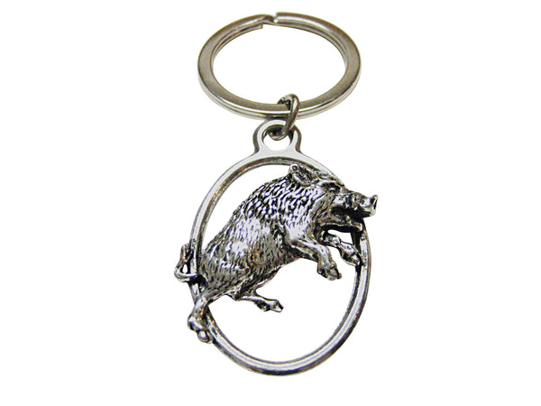 Charging Wild Boar Hog Oval Keychain