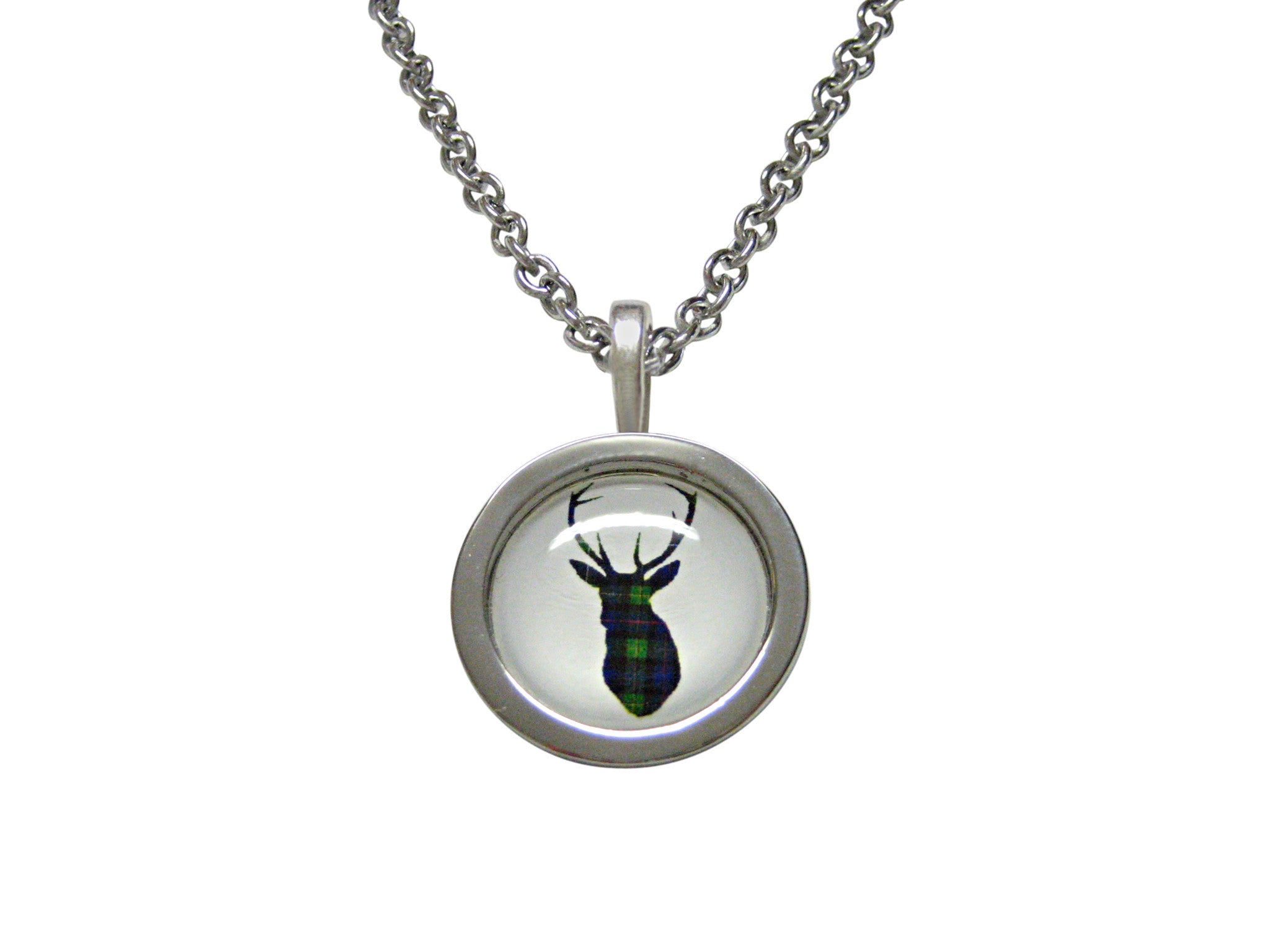 Circular Dark Green Stag Deer Head Pendant Necklace