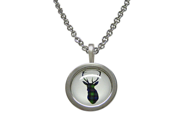 Circular Dark Green Stag Deer Head Pendant Necklace