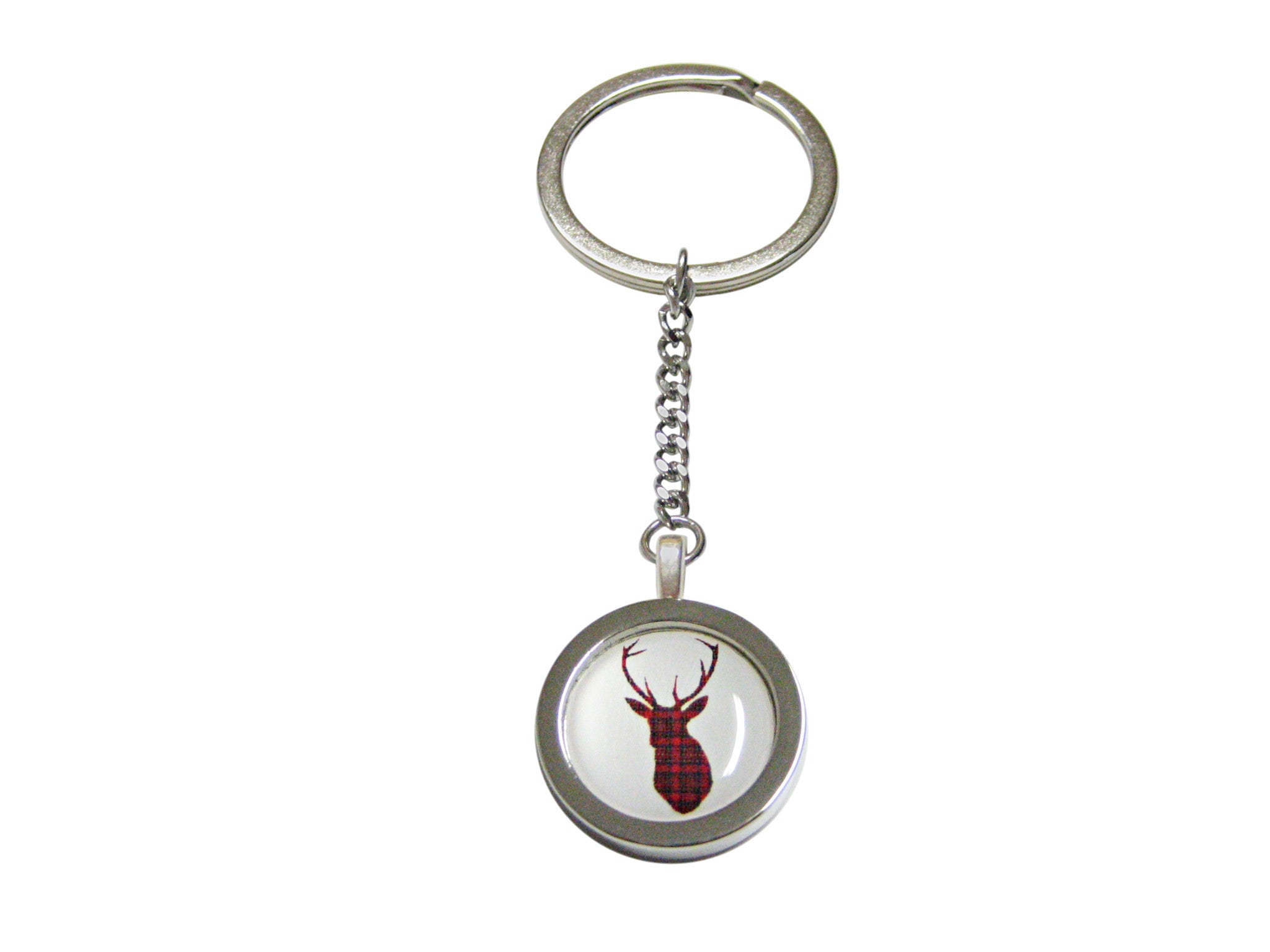 Circular Dark Red Stag Deer Head Pendant Keychain