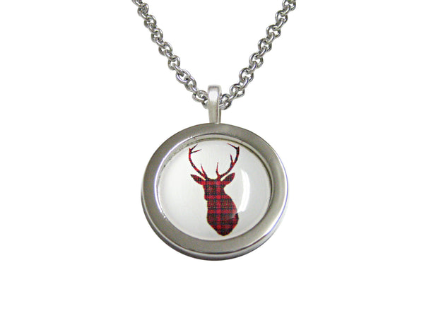 Circular Dark Red Stag Deer Head Pendant Necklace