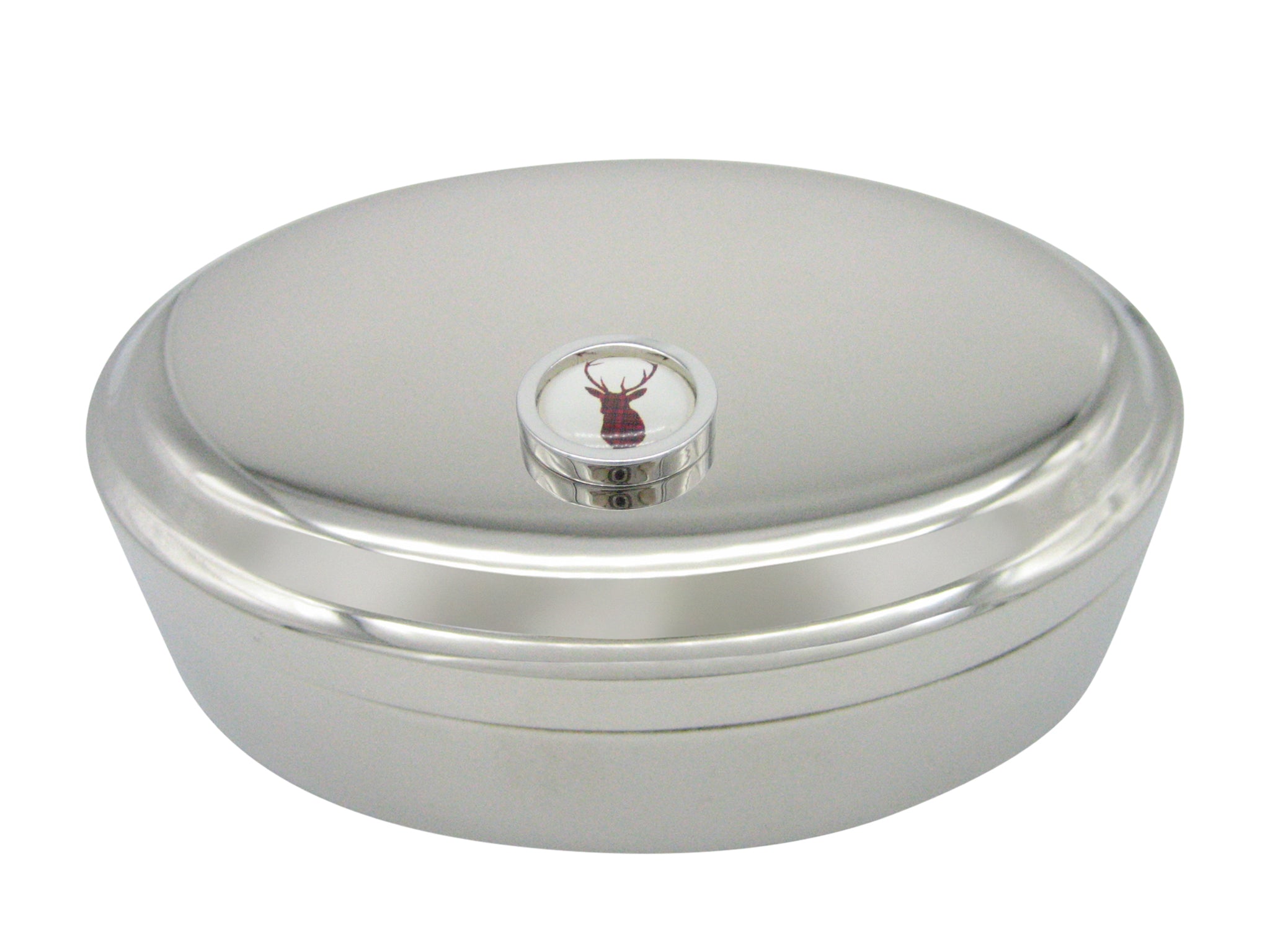 Circular Dark Red Stag Deer Head Pendant Oval Trinket Jewelry Box