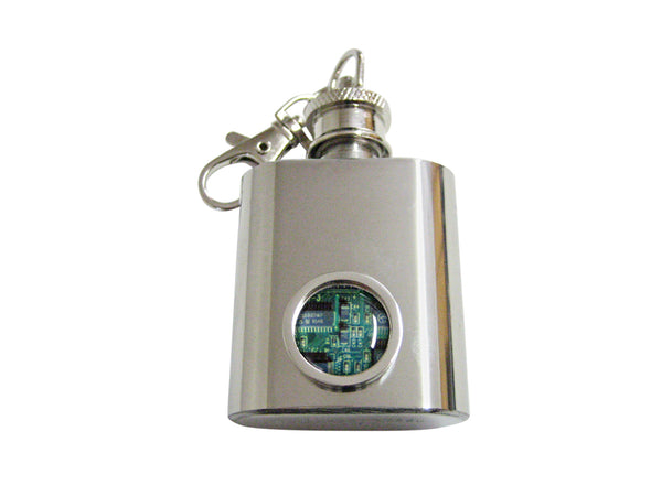 Circular Green Computer Circuit 1 Oz. Stainless Steel Key Chain Flask