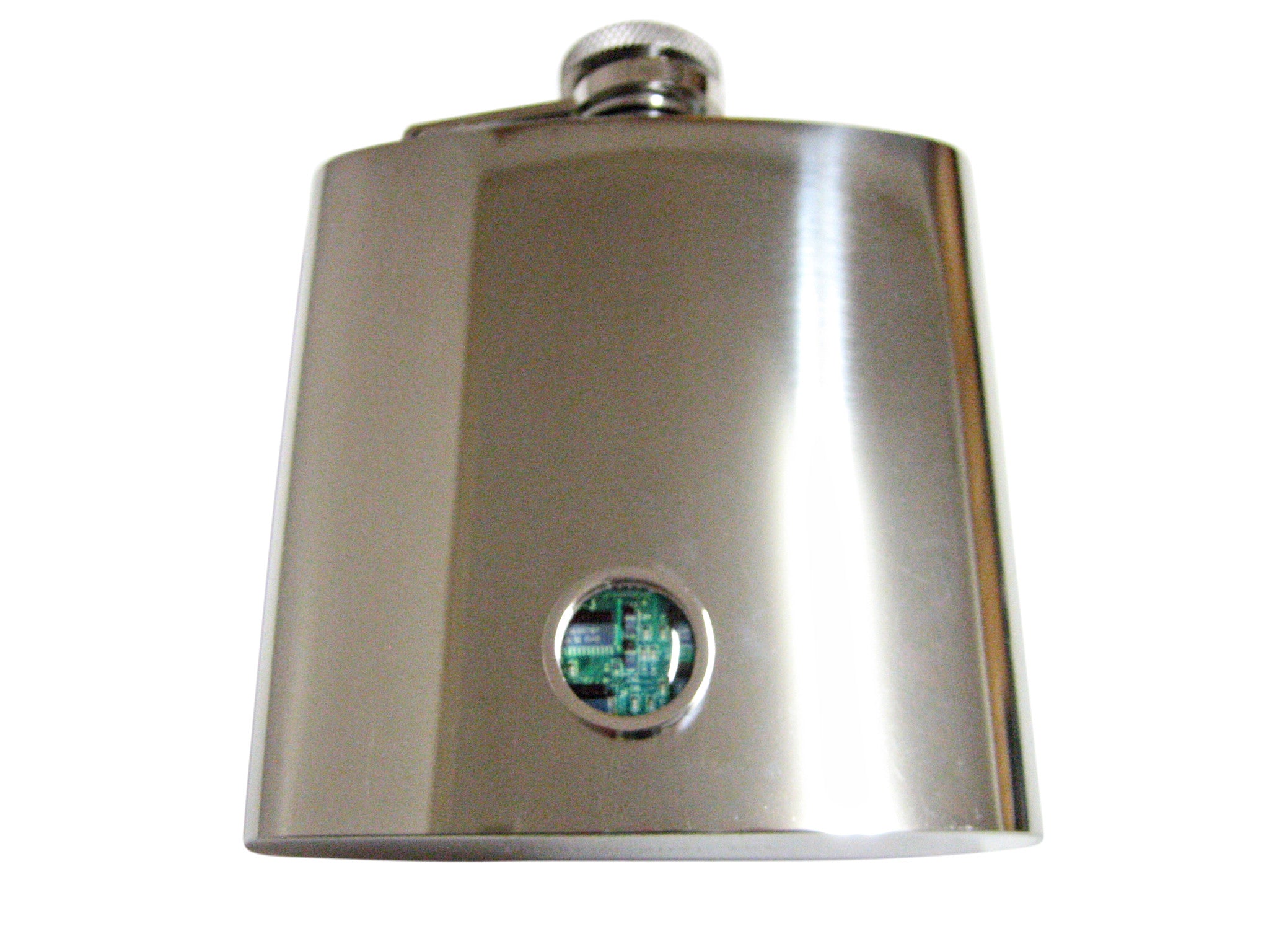 Circular Green Computer Circuit 6 Oz. Stainless Steel Flask