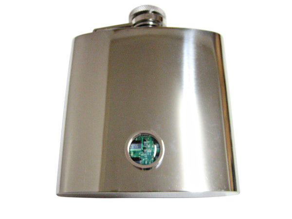 Circular Green Computer Circuit 6 Oz. Stainless Steel Flask